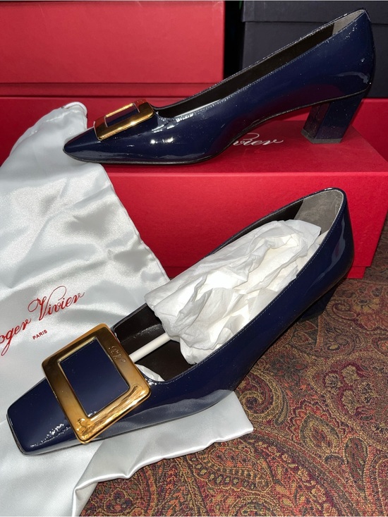 Roger Vivier Shoes - Roger Vivier Navy Patent Décolleté Bell Pumps w Gold Buckle - EU 38.5 - NWT